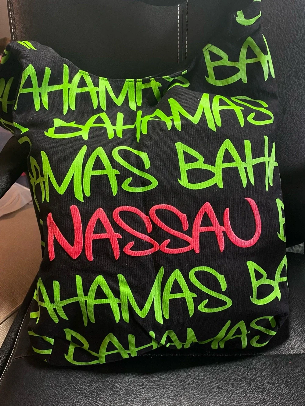 Nassau Bahamas Graphic Crossbody Tote Bag Black with Neon Green & Pink - Picture 3 of 10